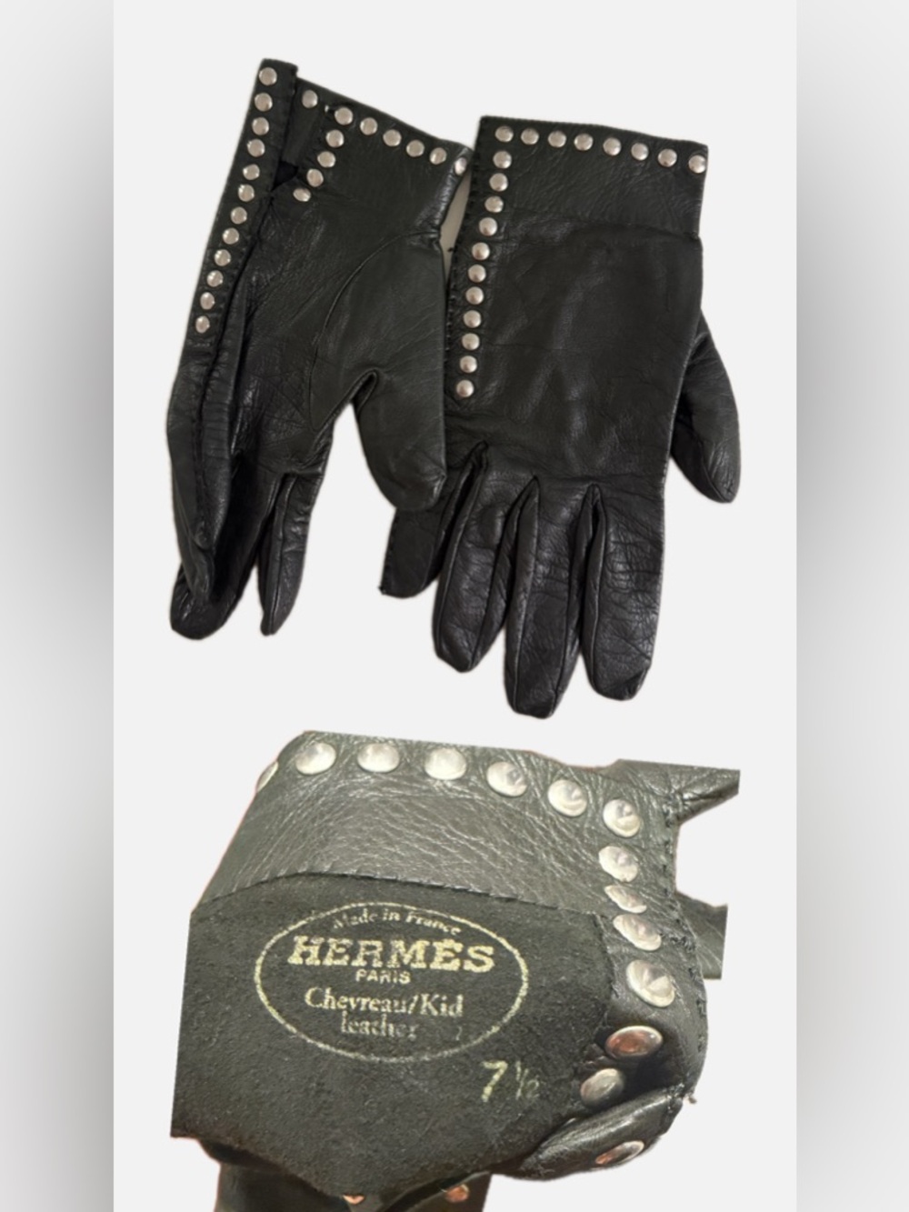 Hermès dark dark green Leather Studded Women’s Gloves